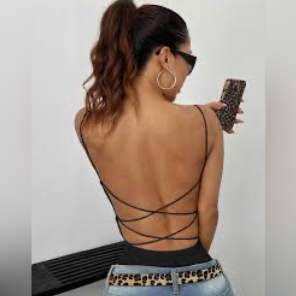 Blue Blush String Open Back Black Bodysuit